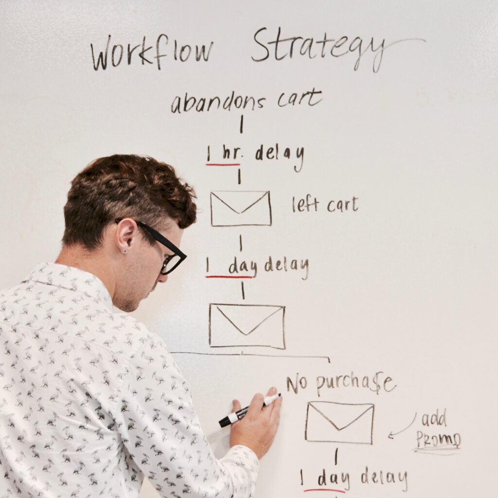 A man writing on a whiteboard. 