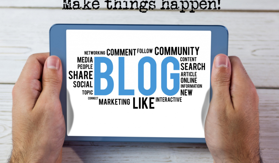 A tablet with many words on it including the word blog